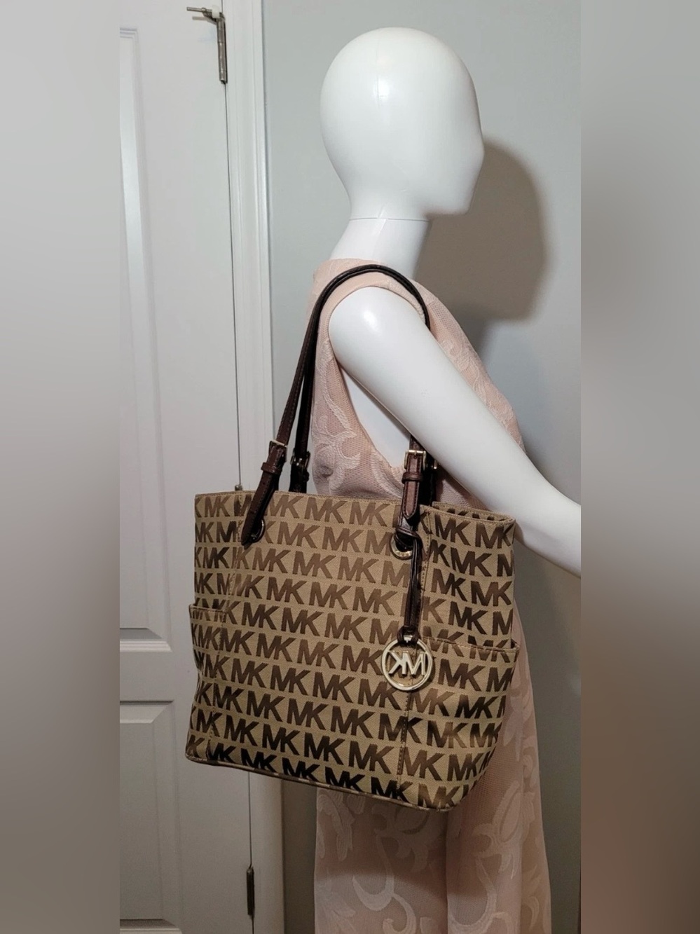 MICHAEL Michael Kors Tan and Brown MK Logo Tote with Leather Straps - Picture 3 of 16